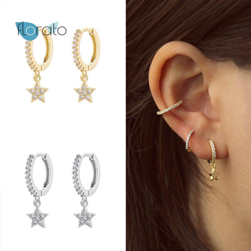 

Hoop & Huggie 925 Silver Ear Buckle Star Pendant Earrings For Women Exquisite Luxury Crystal Korean Fashion Females Jewelry Gift