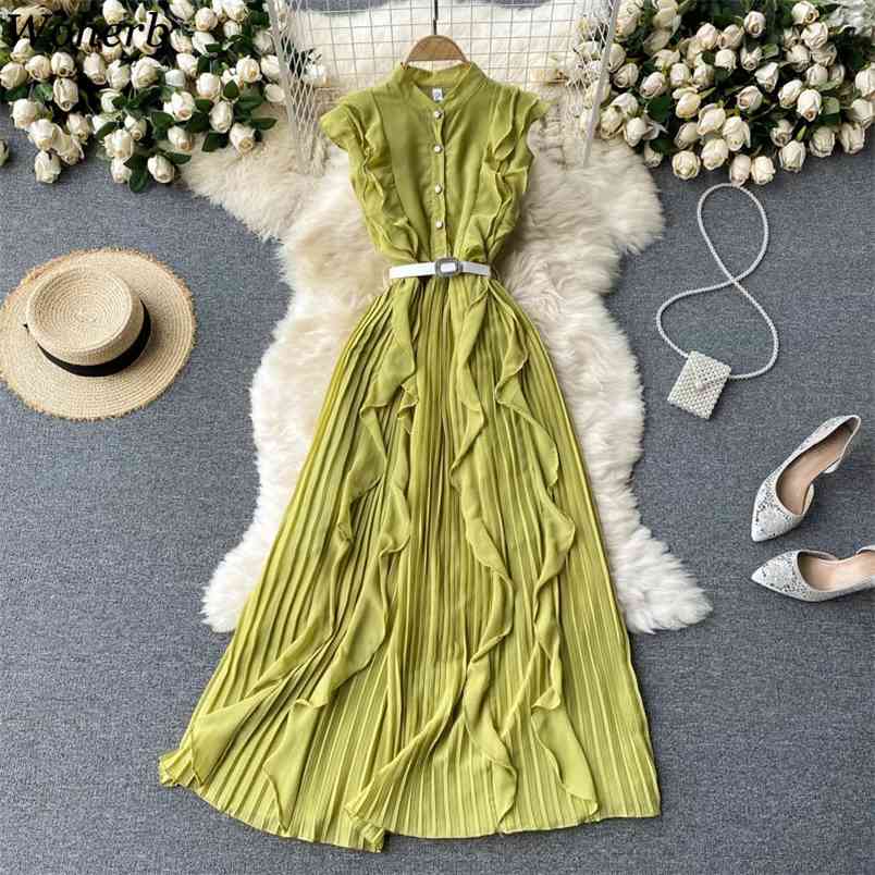 

Maxi Dress Women Summer Beach Chiffon Robe Pleated Sweet Ruffled Slim Sleeveless Vestidos Single Breasted Elegant Dresses 210519, Pink