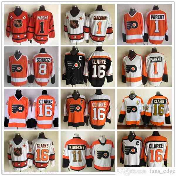 

Vintage CCM Philadelphia Flyers 16 Bobby Clarke Jersey Ice Hockey 1 Bernie Parent 8 Dave Schultz Embroidery C Patch Retro Clarke Jerseys, Black;red