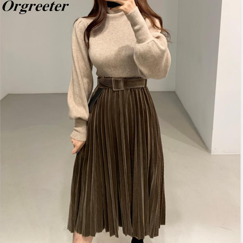 

Elegant OL Simple Fashion Sweatersuit Half Turtleneck Lantern sleeve Sweater + Elastic waist Belt Velvet Pleated Skirt 2 pcs Set 210525, Only skirt
