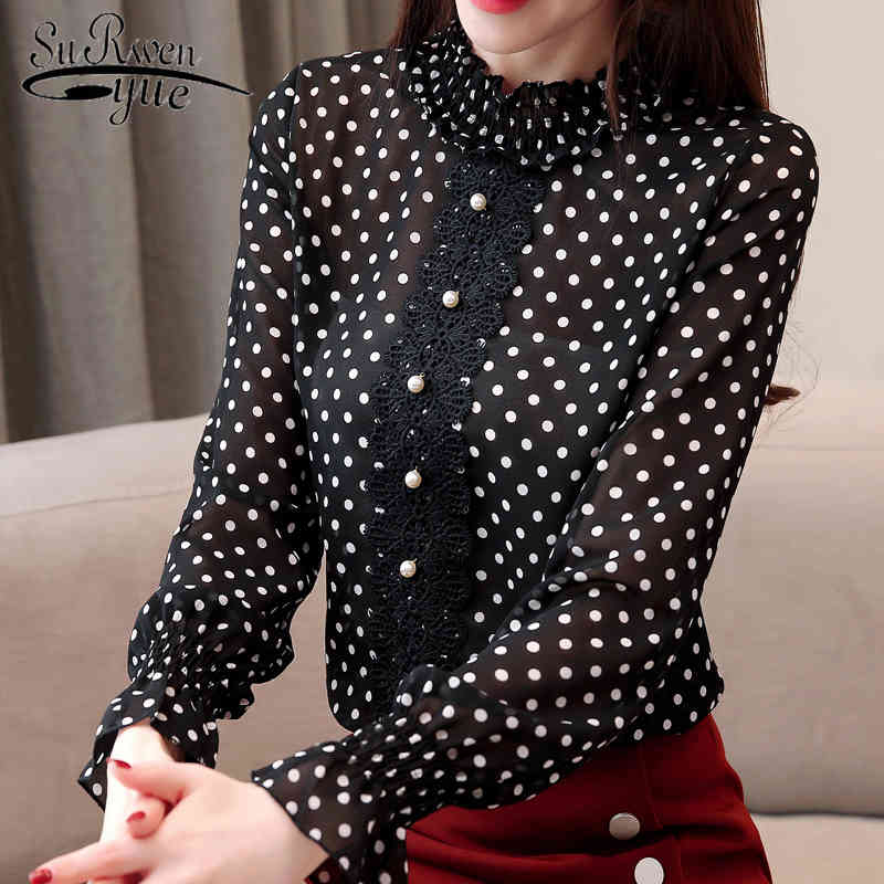 

Casual Autumn Winter Women Tops and Blouse Polka Dot Long Sleeve Chiffon Black Clothing Elegant Shirt 5428 50 210521