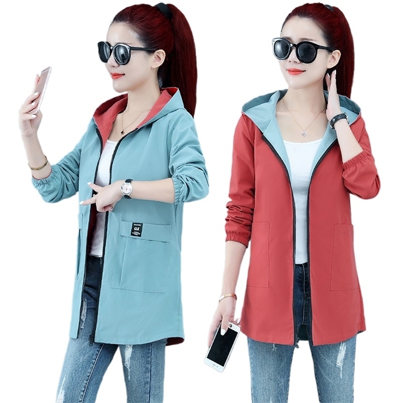 

Spring Autumn Double-sided Trench Coat Women Casual Zipper Hooded Medium Long Coats Female Plus Size 3XL Korean Windbreaker 210525