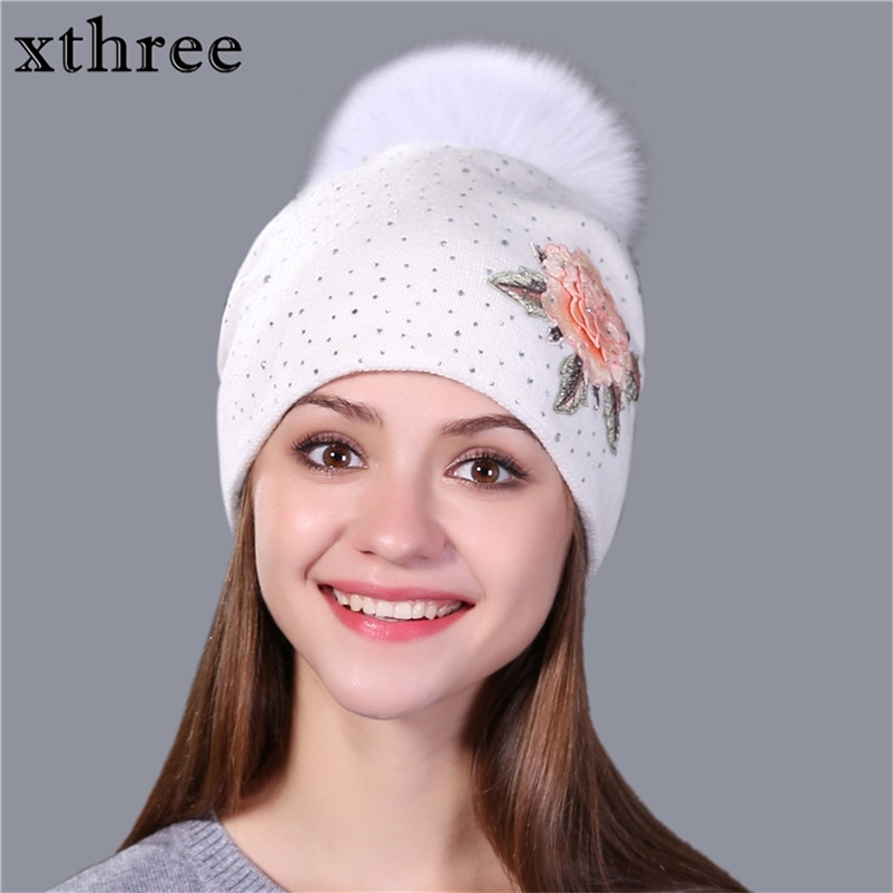 

Xthree Female winter hat fashion embroidery knitted beanie for women real fur pom wool Skullie girls gorro 220107, Blue;gray