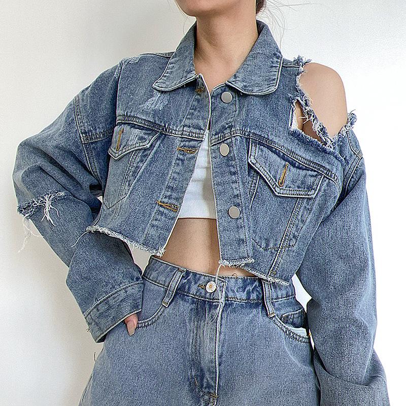 

Women' Jackets 2021 Autumn And Winter Retro Street Style Ripped Denim Short Jacket Carefully Machine Strapless Design Blouse Women, Blue