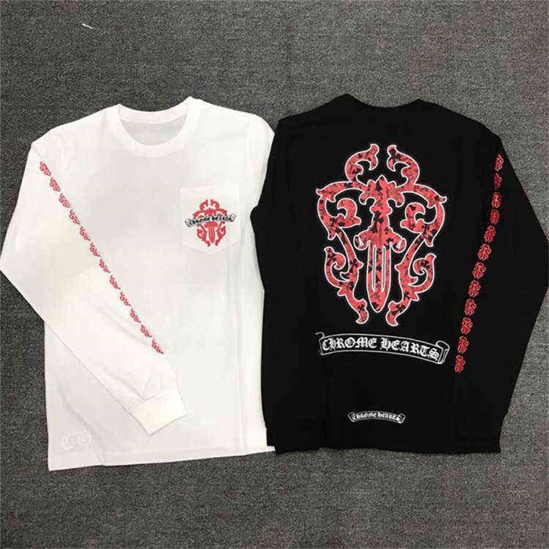 

Hearts Trend Chromes Trendy Trendy Heart Sanskrit Letter Pocket Sword Print Round Neck Long Sleeve T-shirt, White;black