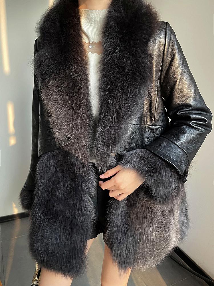 

Women's Fur & Faux Winter Jacket 2021 Fashion Warm Coat Patchwork Black Leather Long Eco-coat Ladies Overcoat