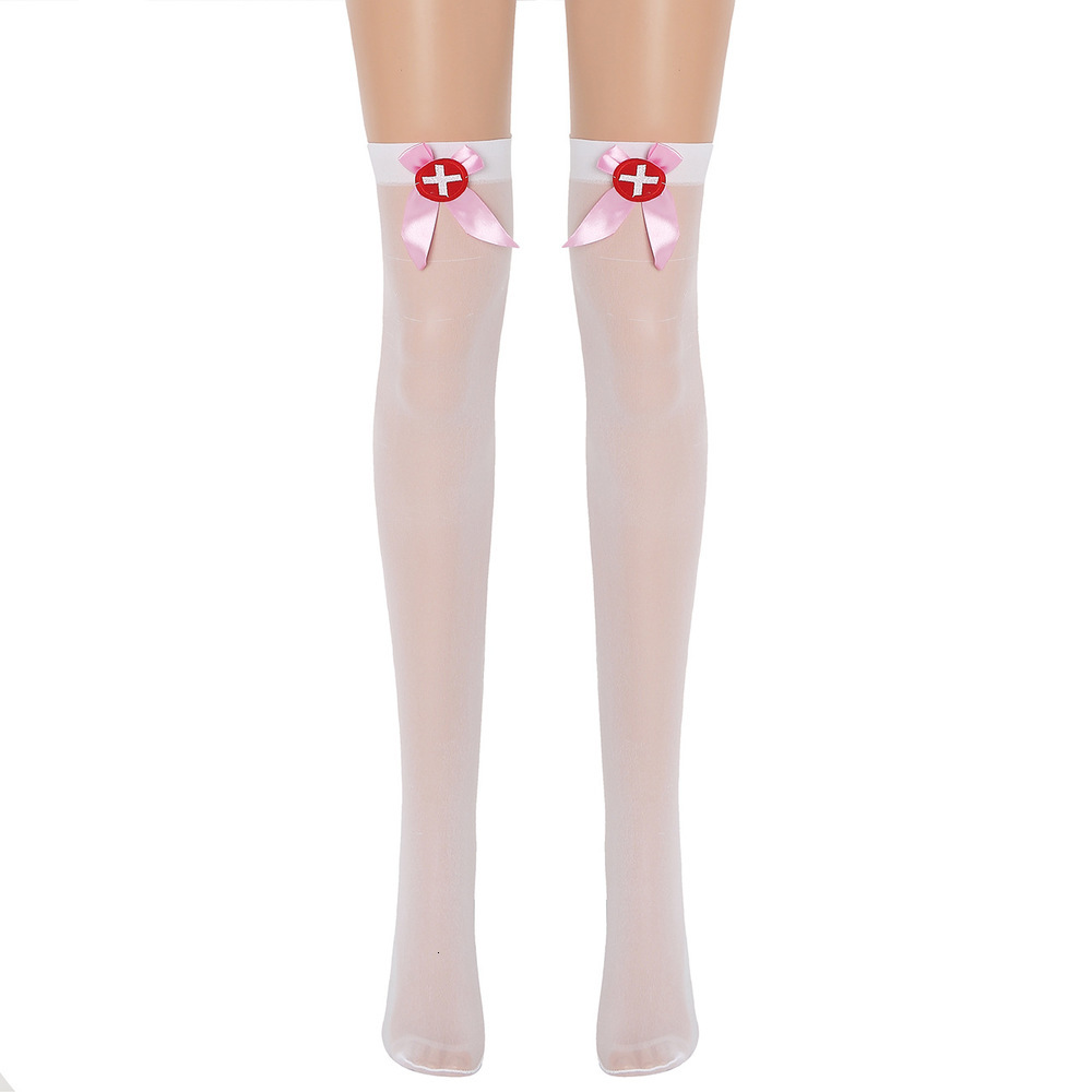 

White black sexy silk knee thigh women's bow Cross nurse stockings, Black;white