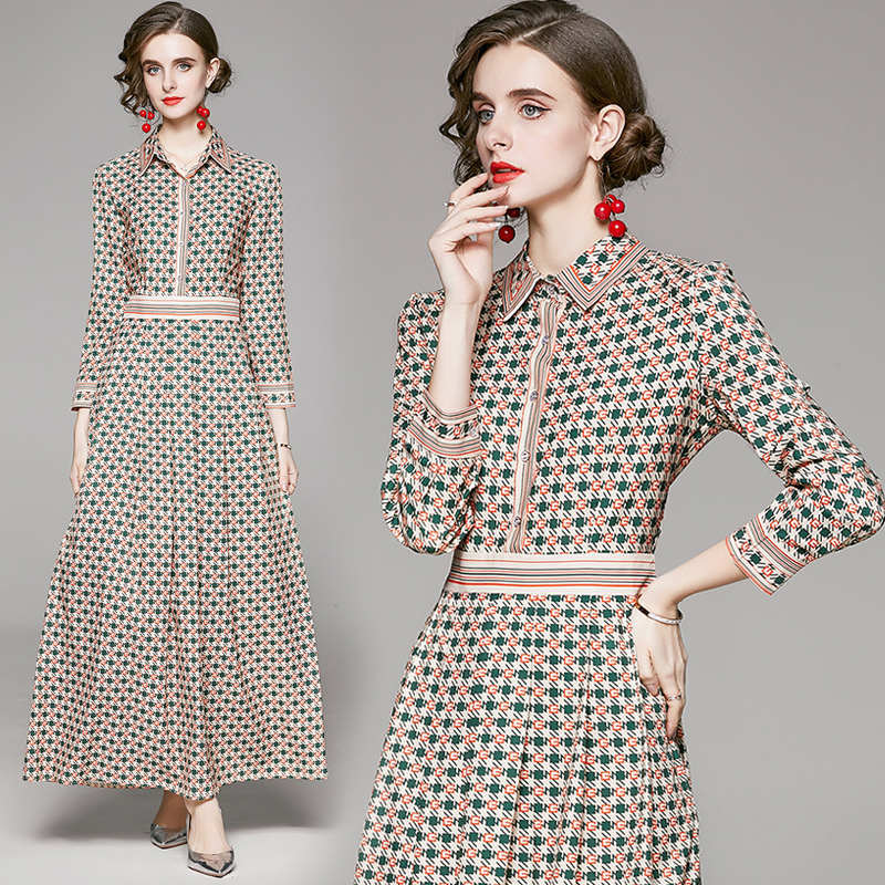 

Elegant Printed A-Line Runway Maxi Dress Women Fashion Designer Prom Long Sleeve Pleated Dresses Slim Business Party Office Spring Autumn Cl, Black;gray