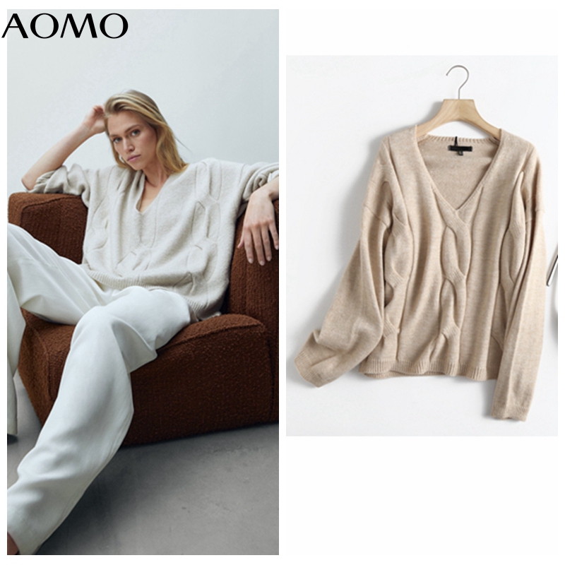 

AOMO Women 2021 Twist Woolen Knitted Sweater Jumper V Ne Female Elegant Oversize Pullovers Chic Tops 6D110A, Khaki