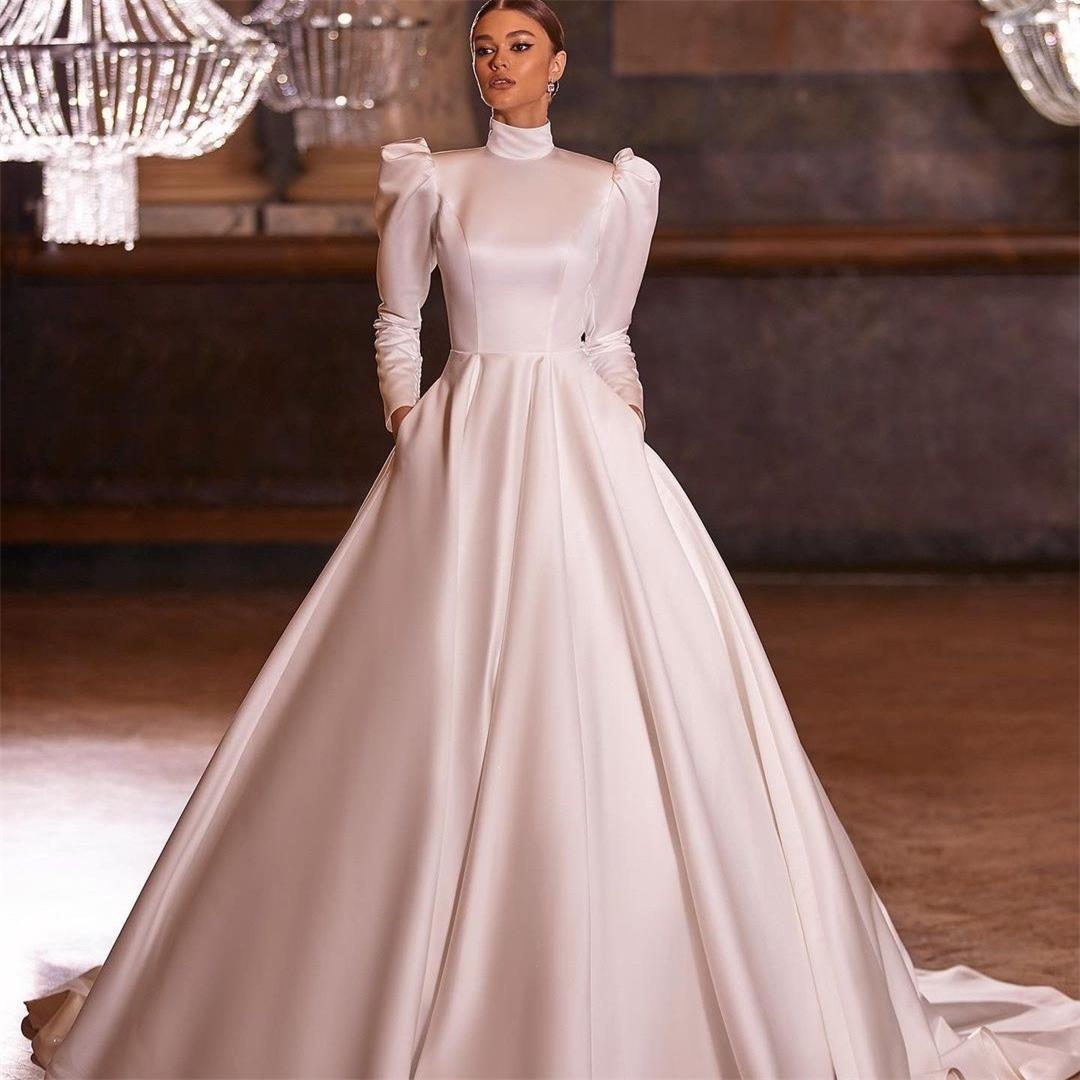 

Retro A Line Wedding Dresses Long Sleeves Buttons Back Bridal Gowns High Quality Elegant Satin vestido de novia, Sage