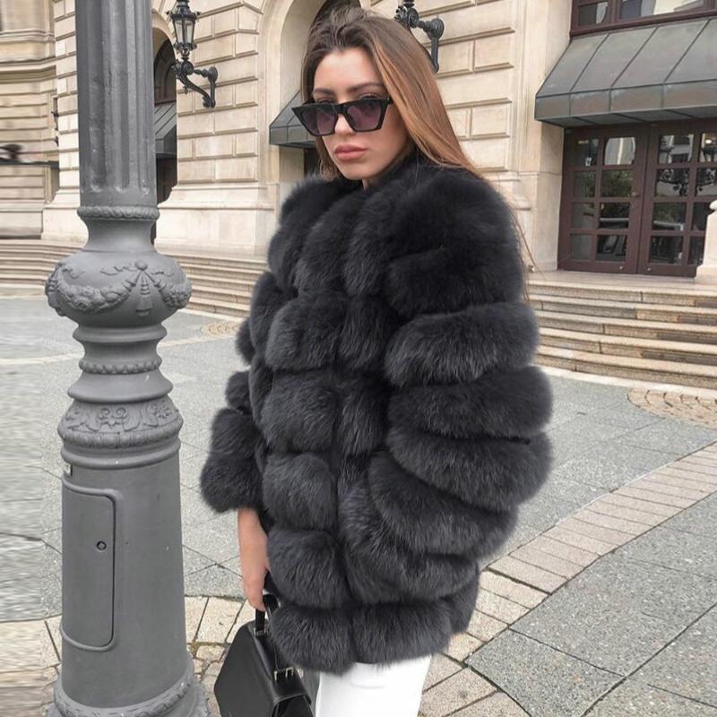 

Women's Fur & Faux Winter Fashion Real Jacket Medium Length Round Collar 2021 Women Natural Coat Genuine Thick Overcoats, Black