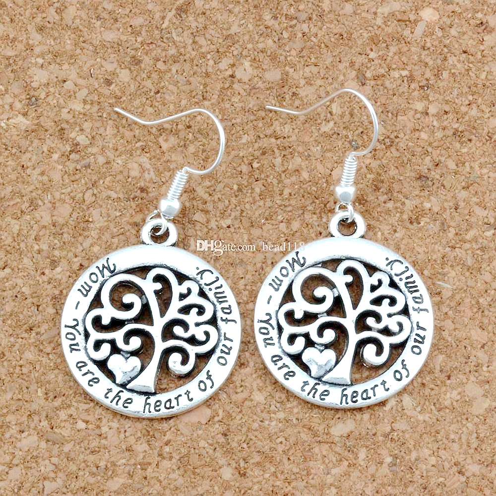 

20pairs/lot Mom You Are The Heart Our Family Tree Of Life Chandelier Earrings Silver Fish Ear Hook DIY Jewelry 23x43mm A-176e