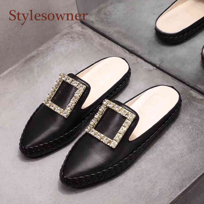 

70% Off Wholesale Flip-Flops Crystal Square Buckle Muller Half Slippers Spring and Summer New Cowhide Woven Comfortable Casual Flat Sandals And, Silver