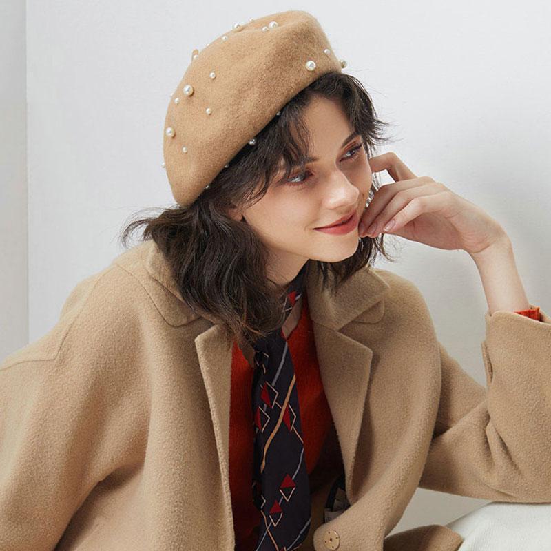 

Berets Pearl Beret Hat For Women Cashmere Winter Retro French Black Red Artist Flat Fashion Yellow Lady Vintage Cap, Beige
