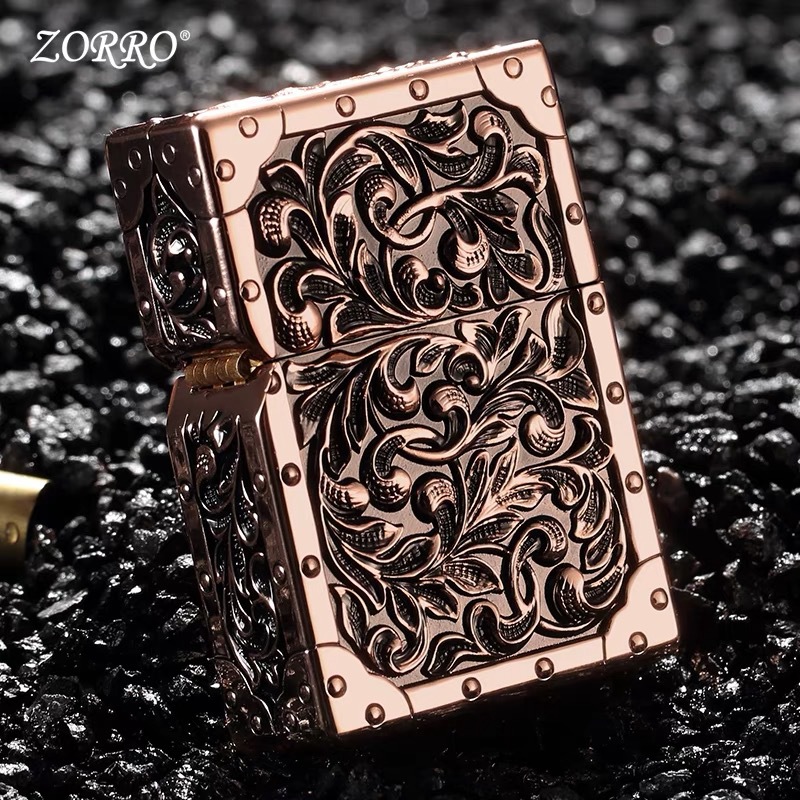 

The New Zorro High-end Atmosphere Pure Copper Flower Pattern Windproof Grinding Wheel, Cotton Core Kerosene Lighter That Can Collect Gifts