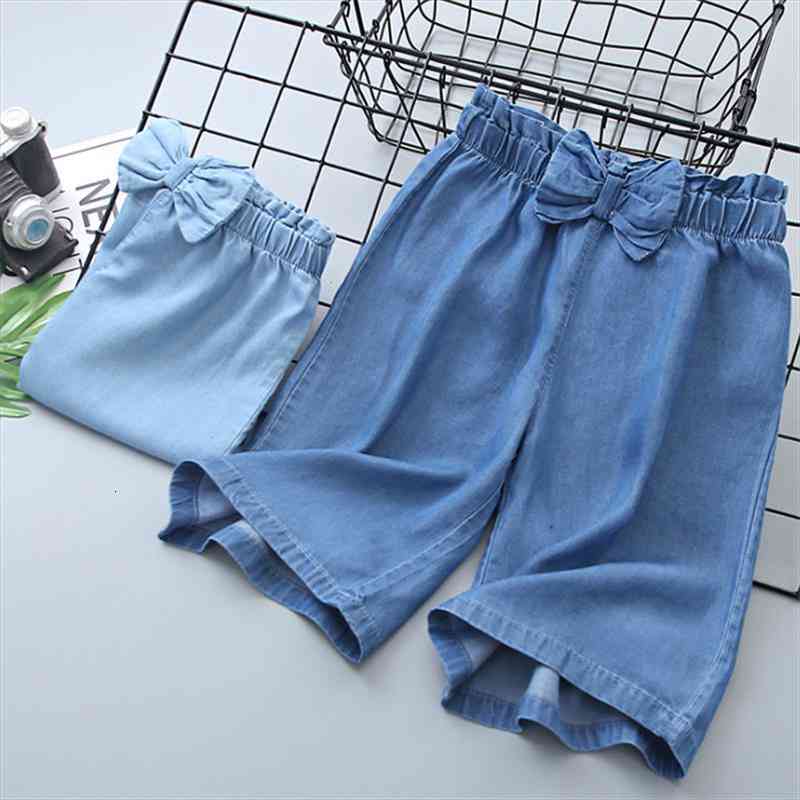 

girls bowknot wide leg jeans summer korean lightweight casual straight cropped pants, Blue