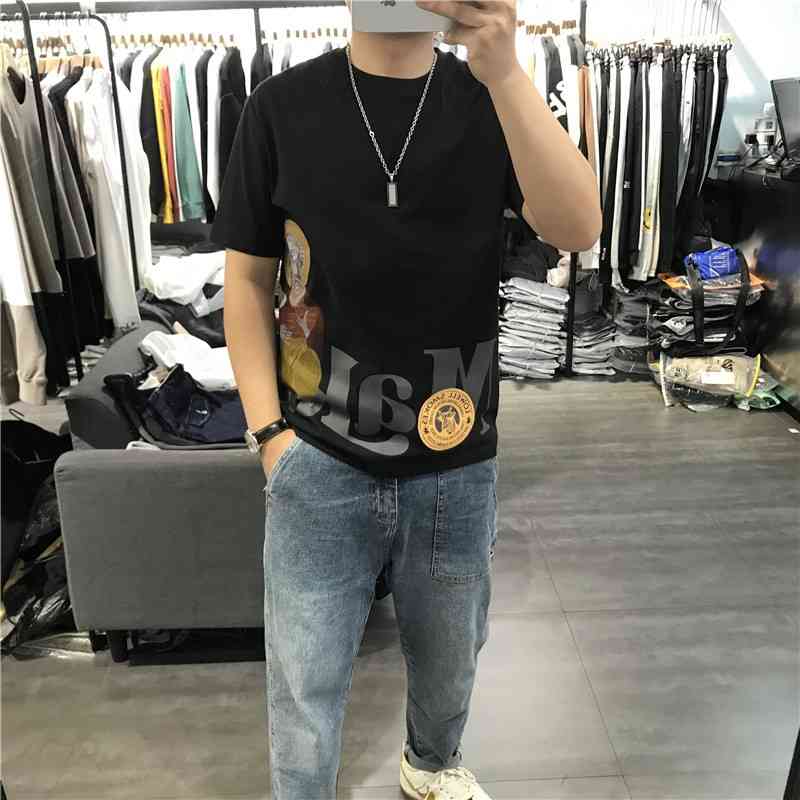 

2021 Summer New Men's Short Sleeve T-shirt Personalized Head Large Letter Embroidered Oil Painting Top Fashionable and Loose, White;black