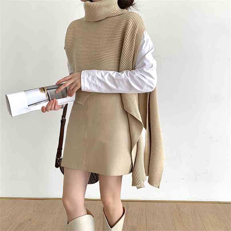 

Korean Sweater Women Loose Shawl Turtleneck Pullover Tops Spring Autumn Short Sleeve Oversize Knitted Sweaters 210525, Black
