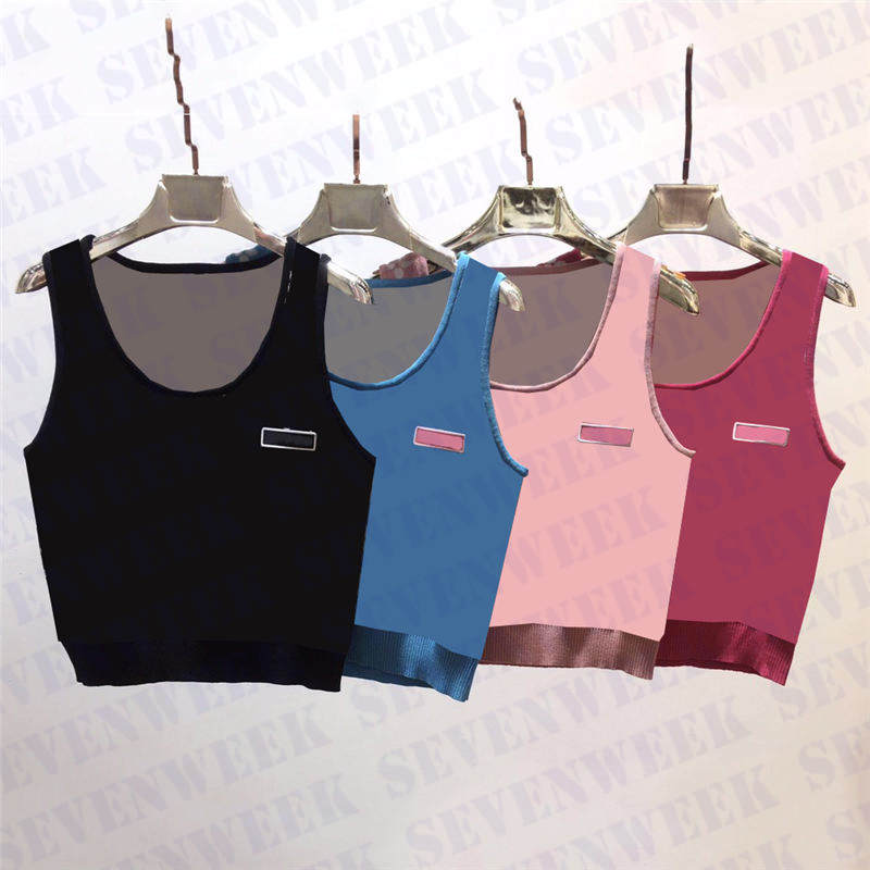 

Sleeveless Womens Knits Vest T Shirts Clothing Classic Jacquard Letter Ladies Tops Summer Casual Tees For Women, Blue