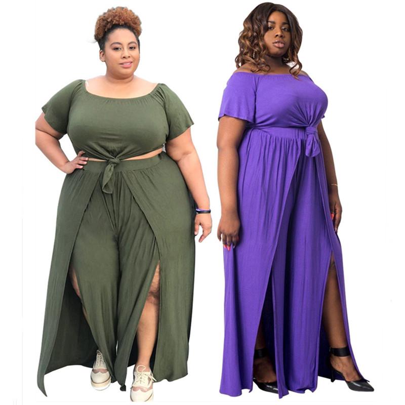 

Women's Two Piece Pants Set Plus Size Clothing Women Sets Wholesale Bandage Crop Top Wide Leg Slip Hem Trousers Streetwear Drop, Purple