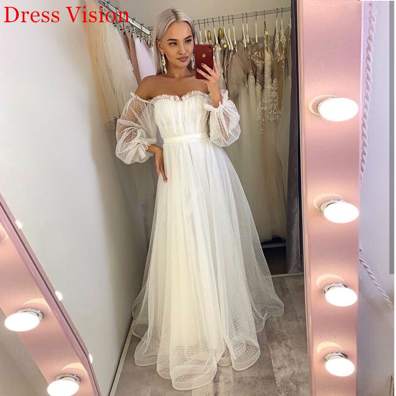 

Lace Light Wedding Dress Bride Gown Vestido De Novia Robe De Mariage Vestidos Sweetheart Collar Off Shoulder Long Sleeves, White