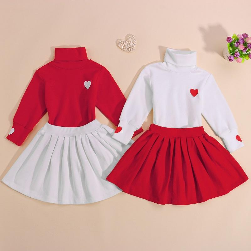 

Clothing Sets 1-5Y Toddler Kids Baby Girl Long Sleeve Turtleneck Heart Pattern Pullover Tops Pleated Skirt 2PCS Autumn Winter Clothes Set