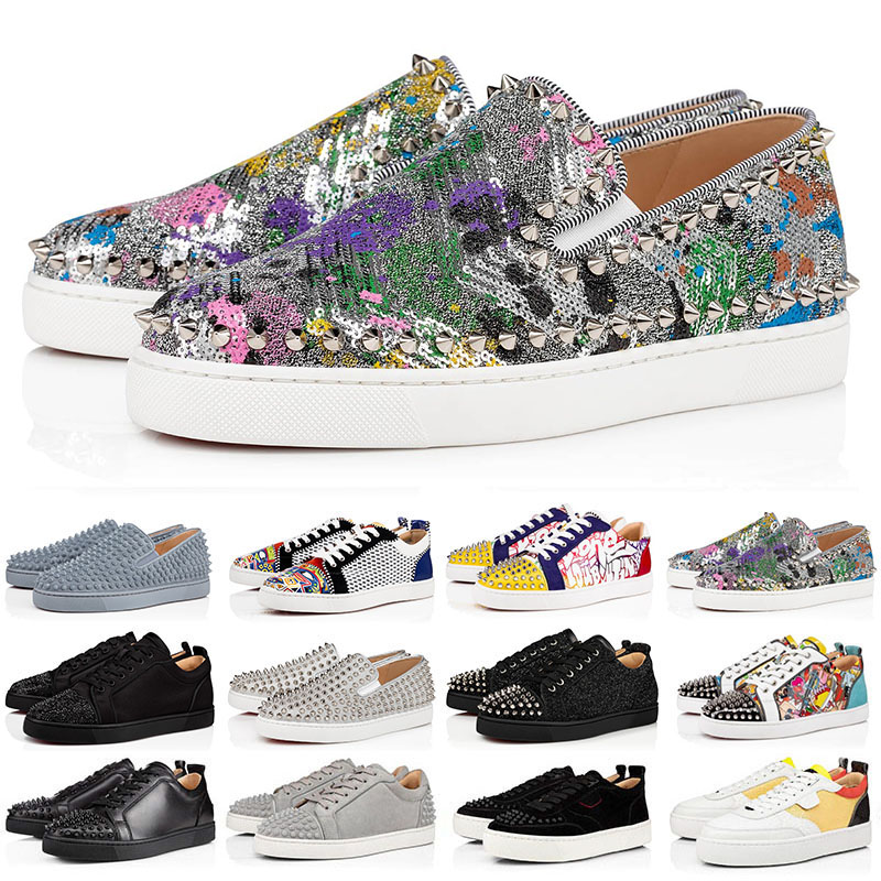 

2022 Red bottoms sneakers men women designer dress shoes high low top Black White Camo Green Glitter leather mens fashion spikes casual trainers Des Chaussures, Color#40