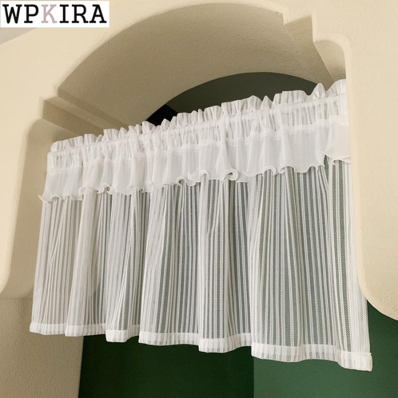 

American Retro Stripes Short Curtain For Bay Window Hollow Kitchen Door Double Layer Lace Half Mesh Fabric S038#D & Drapes