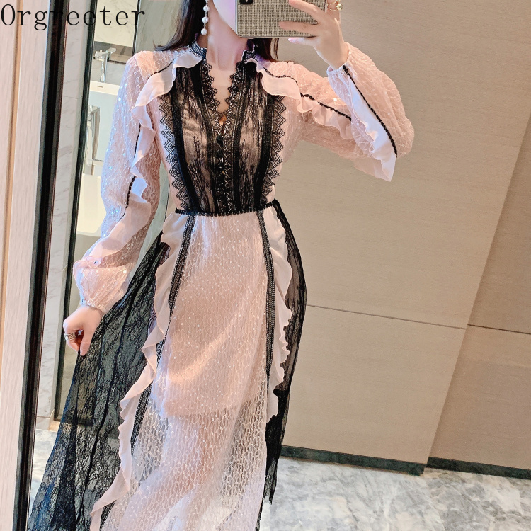 

High Quality Sequined Pink Dress Spring Elegant Lace Stitching Mesh Ruffled Trim See-through Party Robe Femme 210525, Photo color