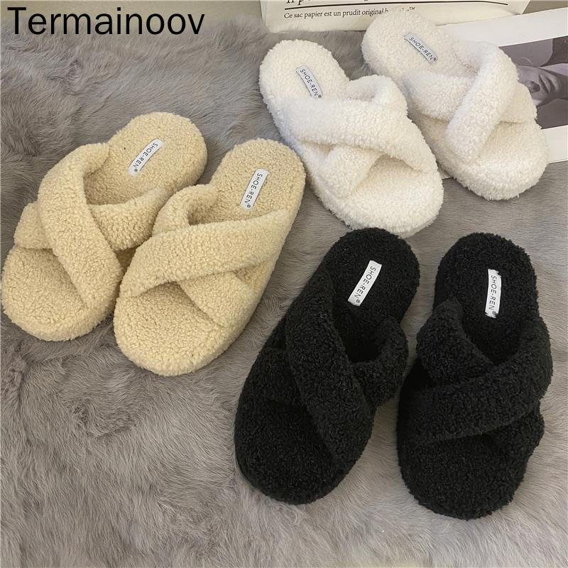 

Slippers Termainoov Warm Wool Women Winter Slipper Cross Straps Indoor Slidders Wear Flats Platform, Black