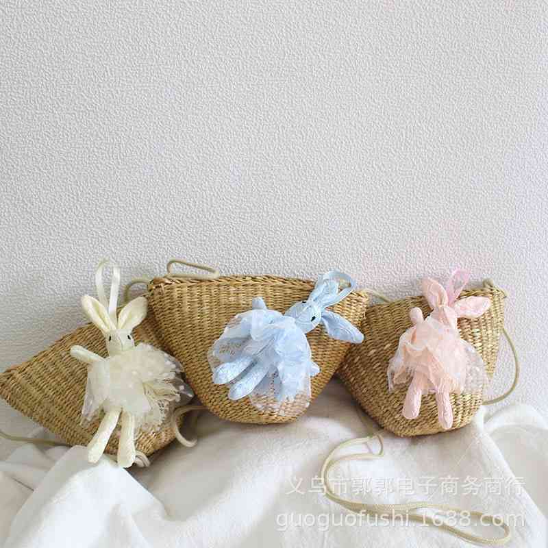 

Hanfeng children's rabbit straw girl cute fashion cartoon concave shape messenger bag zero wallet, Rabbit beige