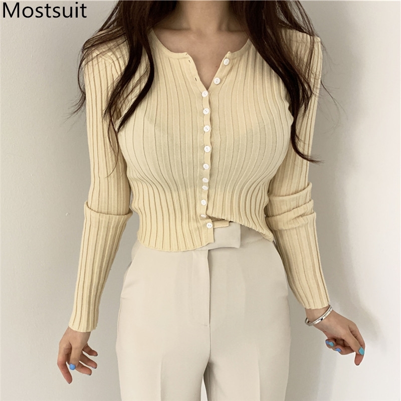 

Korean Knitted Short Cardigans Sweaters Women Long Sleeve O-neck Single-brested Tops Casual Fashion Ladies 210518, Grey