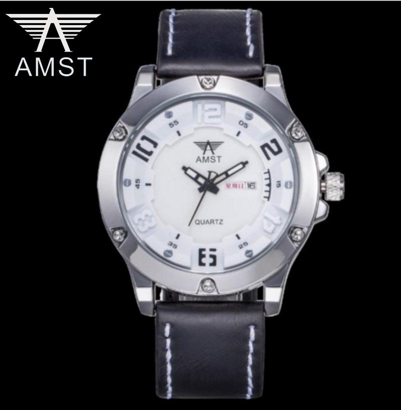 

Quartz Watch Men Military Army Sports Watches Genuine Leather Strap Waterproof Big Dial Japan Movement Male Clock AMST3024-2 Wristwatches, Slivery;brown