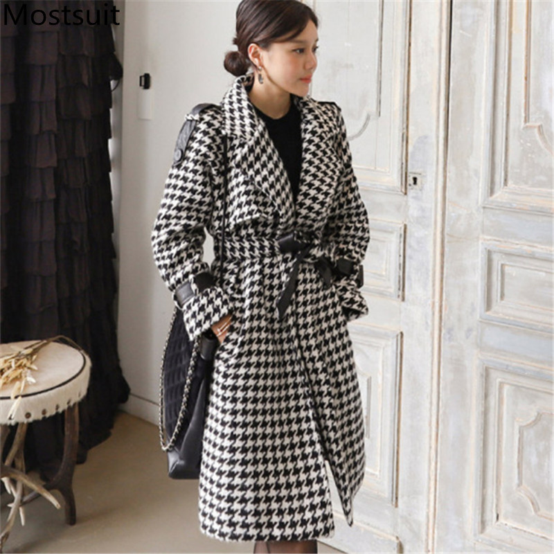 

Winter Houndstooth Woolen Long Coats Jackets Women Sleeve Turn-down Collar Belted Vintage Fashion Korean Tops 210518