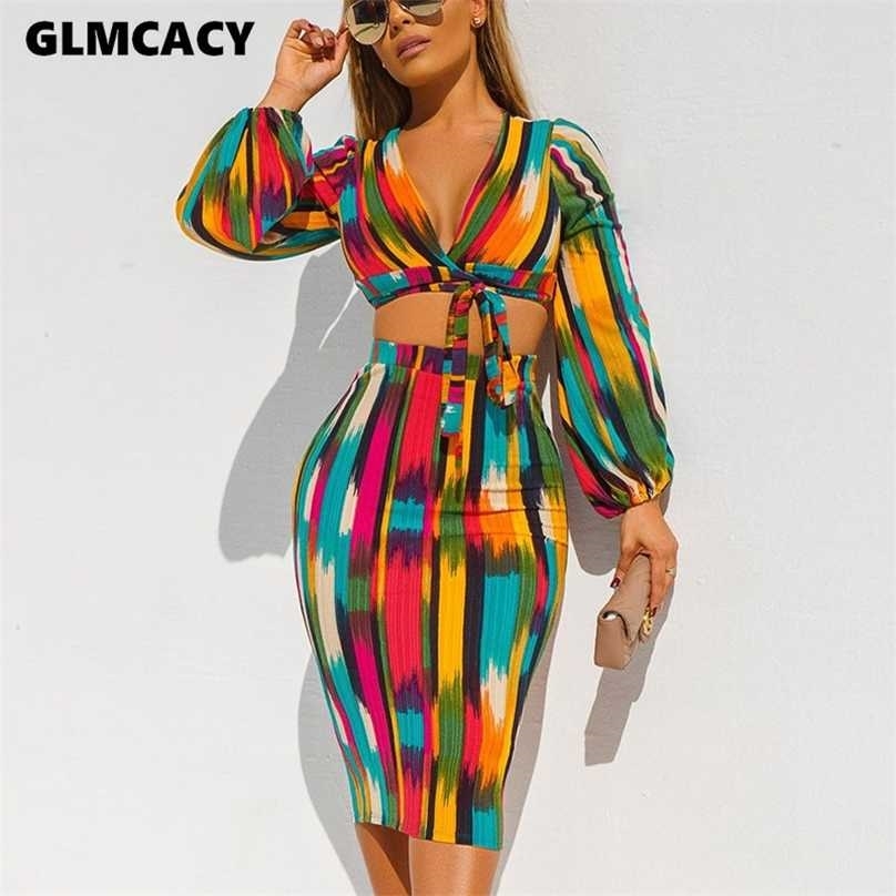 

Women Long Sleeve Tie V Neck Crop Top and Midi Skirt Set Sexy Two Pieces Party Clubwear Elegant Boho Beachwear 211106, Multi