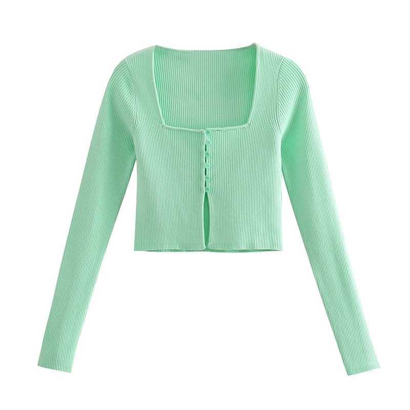 

Casual Sweet Preppy Style Knitwear Coat Women Square Collar Long Sleeve Crop Top Jacket Sweater 210525, Green