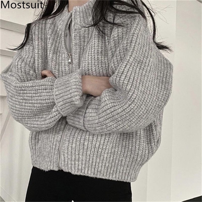 

Zip-up Korean Knitted Sweater Coat Women Autumn Winter O-neck Long Sleeve Tops Casual Fashion Ladies Jacket Femme 210518, Grey