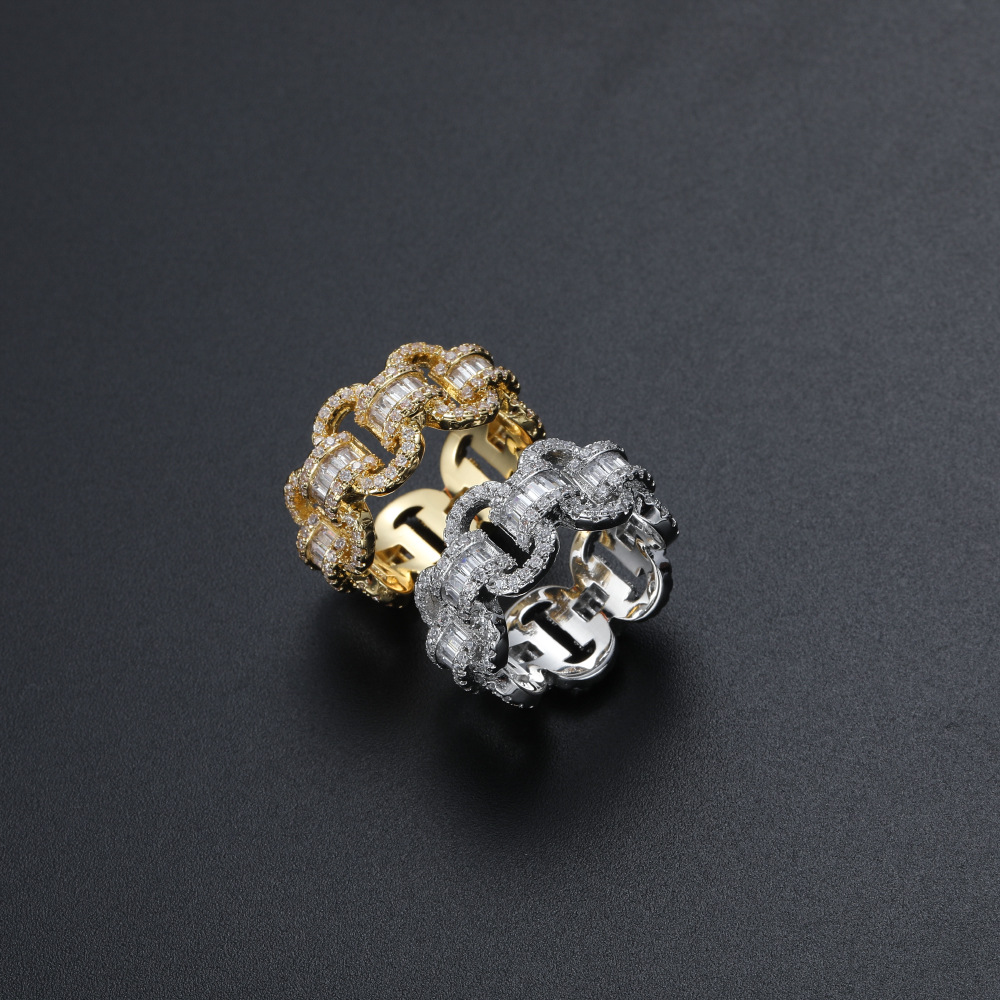 

Hip Hop Iced Out With Side Stones Ring Punk Link Chain Finger Rings for Men Women Silver Color Zircon Jewelry