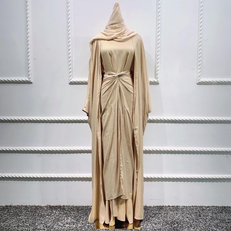 

Ethnic Clothing 4 Piece Hijab Matching Set Women Muslim Linene Arabic Modest Outfit Plain Kimono Open Abaya Maxi Dress Wrap Front Skirt Long