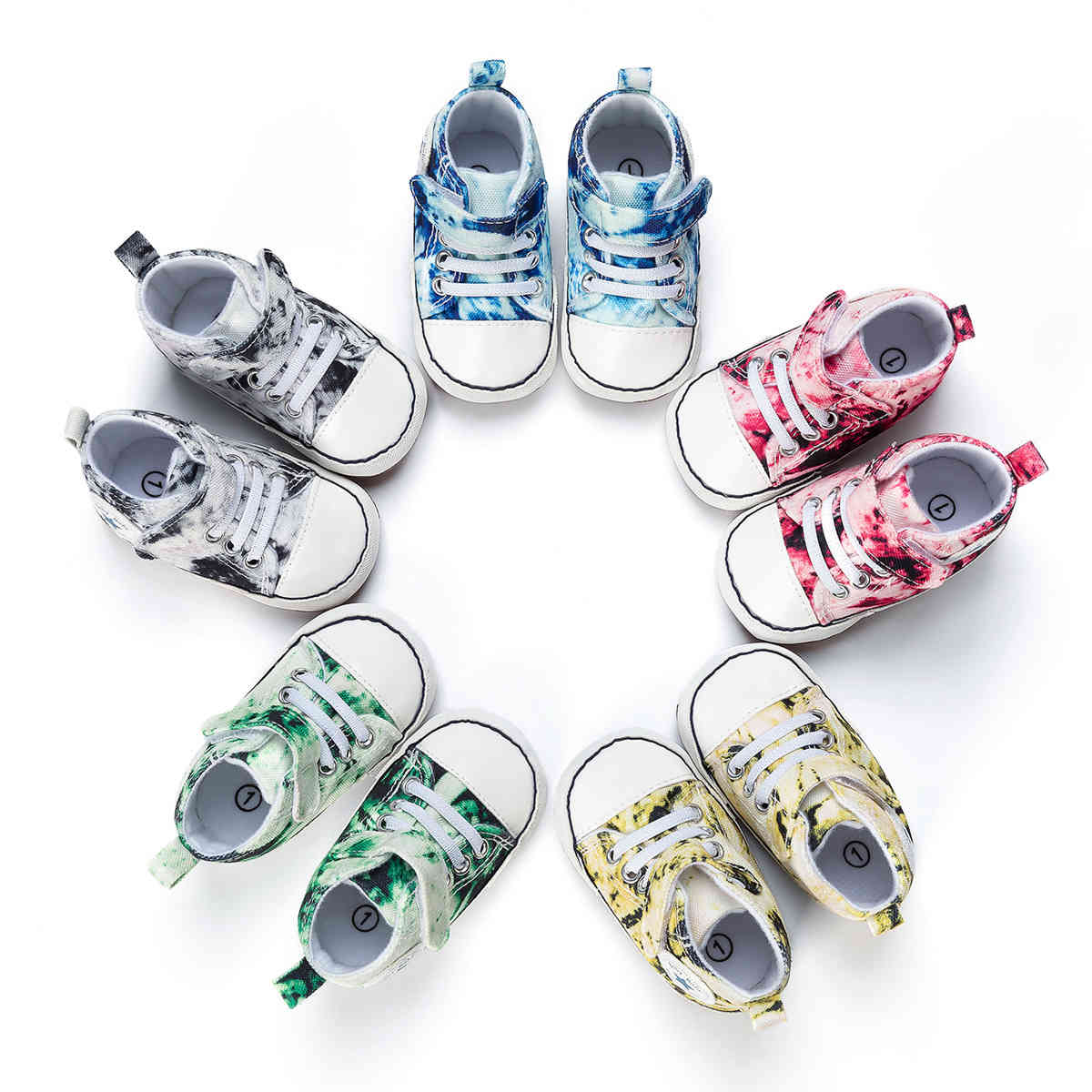 

0-18M Autumn Spring Newborn Boys Girls Stitching Soft Bottom Tie dyed mid top First Walkers Baby Shoes Wholesale, Multi-color mix order
