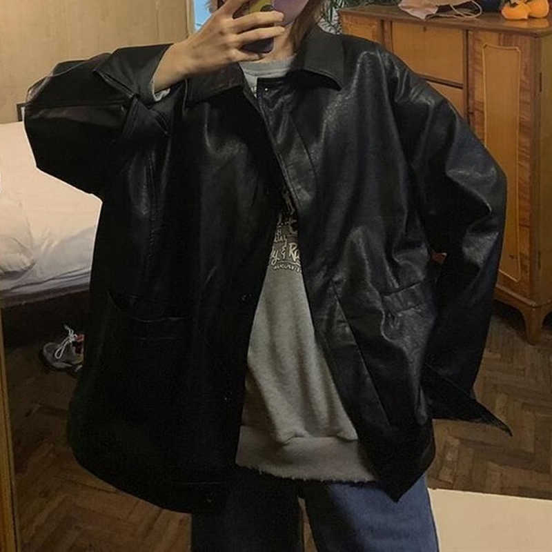 

Vintage Black Leather Jacket Women Korean Thin Loose Moto Female Spring Fashion Streetwear Lady Outerwear Biker Coat 210604