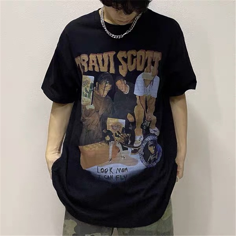 

New Travis Scott T-Shirt Hip Hop Rap Loose Thick Mens And Womens Short Sleeve Travis Scott T-Shirt Black White