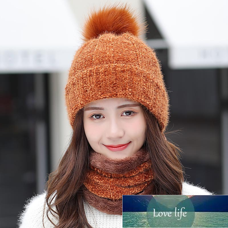 

Brand New Winter Hat Women Velvet Thick Warm Skullies Beanie Hats Lady Chenille Knit Hat Bib Female Riding Sets 2 Wool Caps Factory price expert design Quality Latest, Red