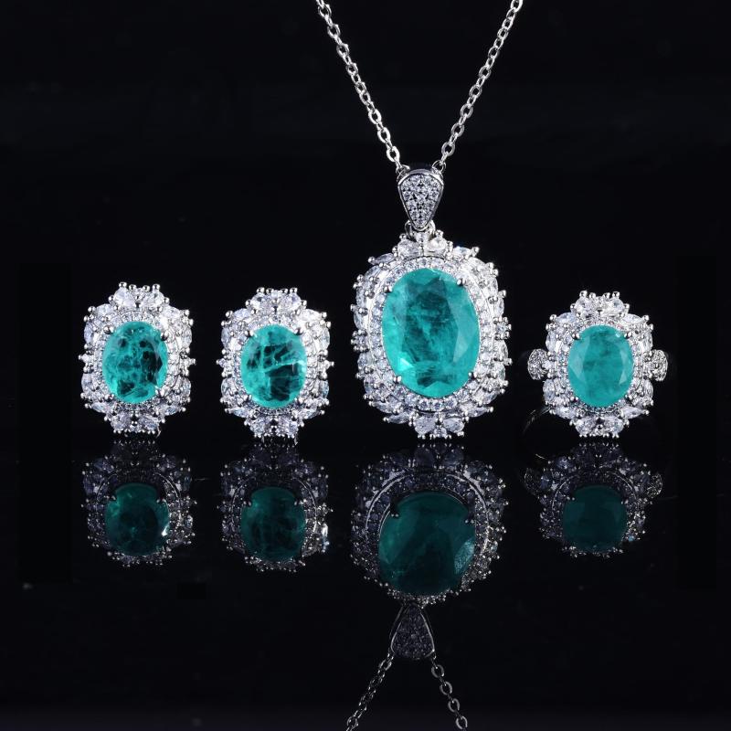 Collier de boucles d'oreilles 925 Silver Silver Ovale Forme Paraiba Tourmaline Green Pendants Pendants Anneaux Fine Bijoux Bijoux Ensembles