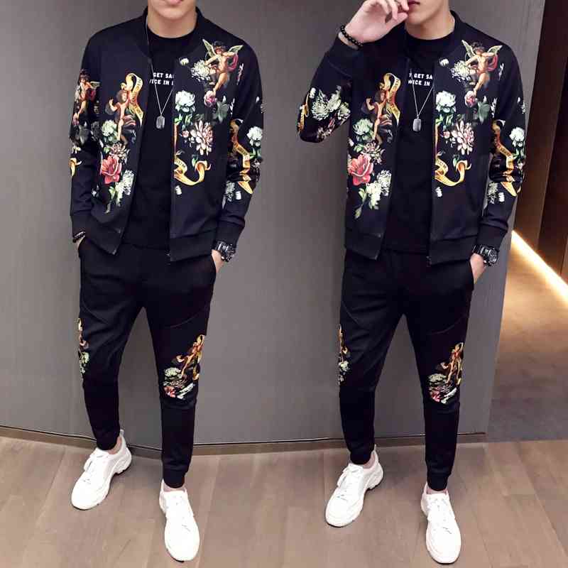 

2021 New Jacket + Pants Men Tracksuit Moda Hombre Fashion Printing Set Spring Men's Sports Suit 2 Piece Sets Plus Size 5XL, Black
