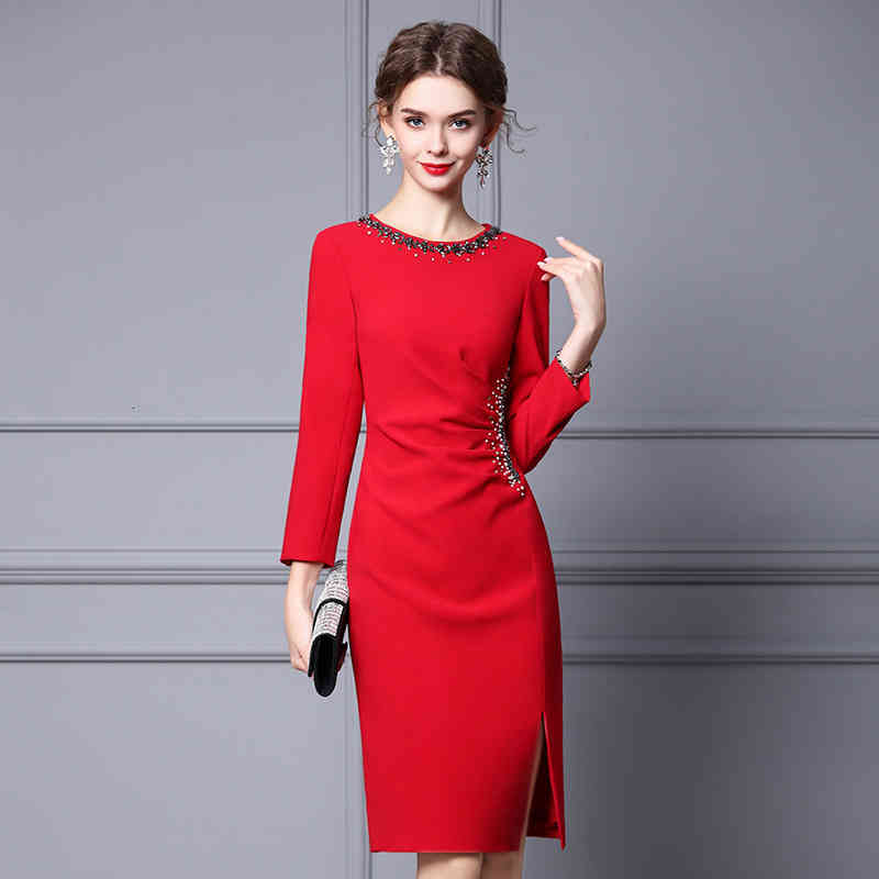 

Casual Dresses Zhili red dress high-end Nail Drill formal occasion closing waist shows thin Hip Wrap Skirt in autumn KH1I