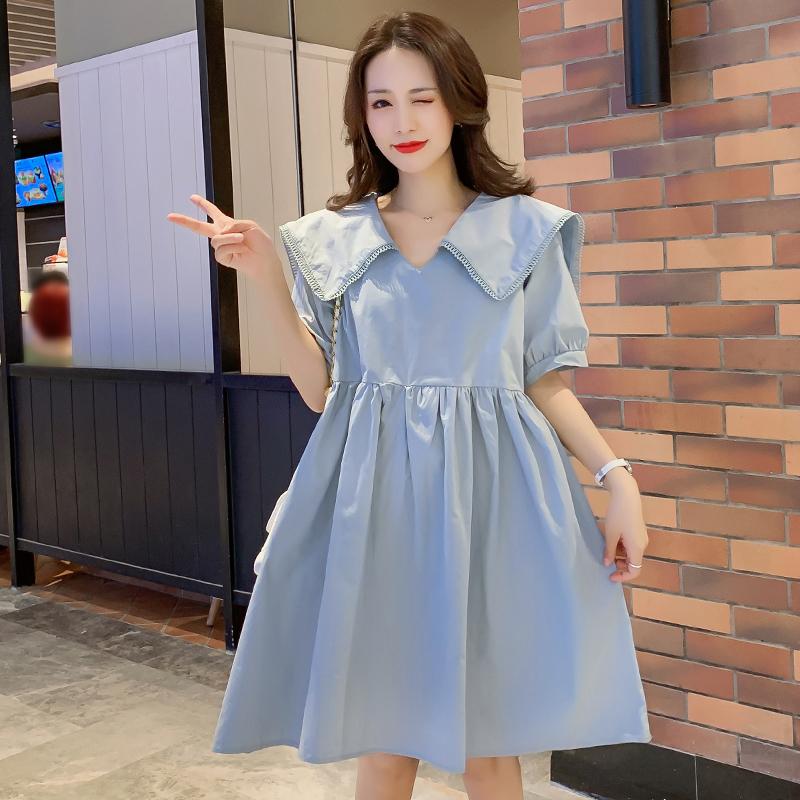 

Maternity Dresses 2022 Summer Loose Pregnant Women Dress Short Sleeve Turn-down Collar High Waist A-line Blue Pregnanct Clothes, White