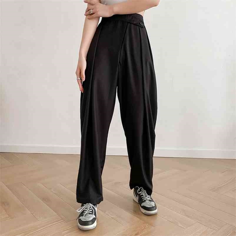 

Spring Summer Women Loose Carrot Pants mid waist button straight long pants Female high quality chiffon trousers 210524, Black