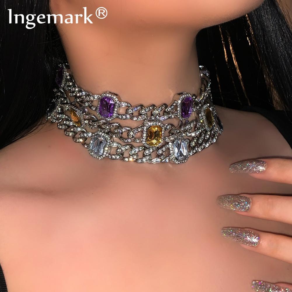 

Luxury Iced Out Rhinestone Chain Necklace Women Wedding Silver Color Bling Green Blue Red Big Crystal Necklace Aesthetic Jewelry X0509