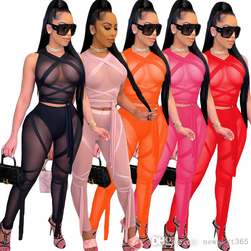 

Women Sexy Two Piece Pants Set Tracksuits Designer Clothing Screen Perspective Bandage Solid Color Sleeveless Outfits, Orange